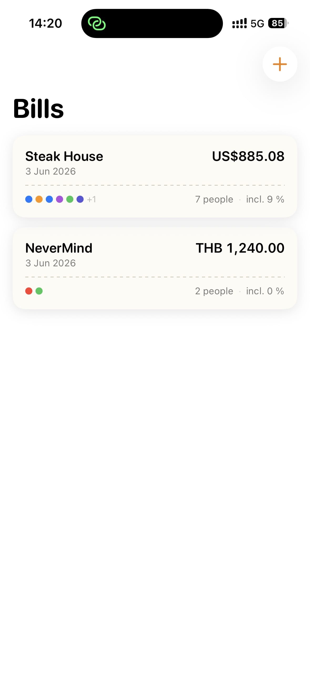 Bills overview list with multiple bills and currencies